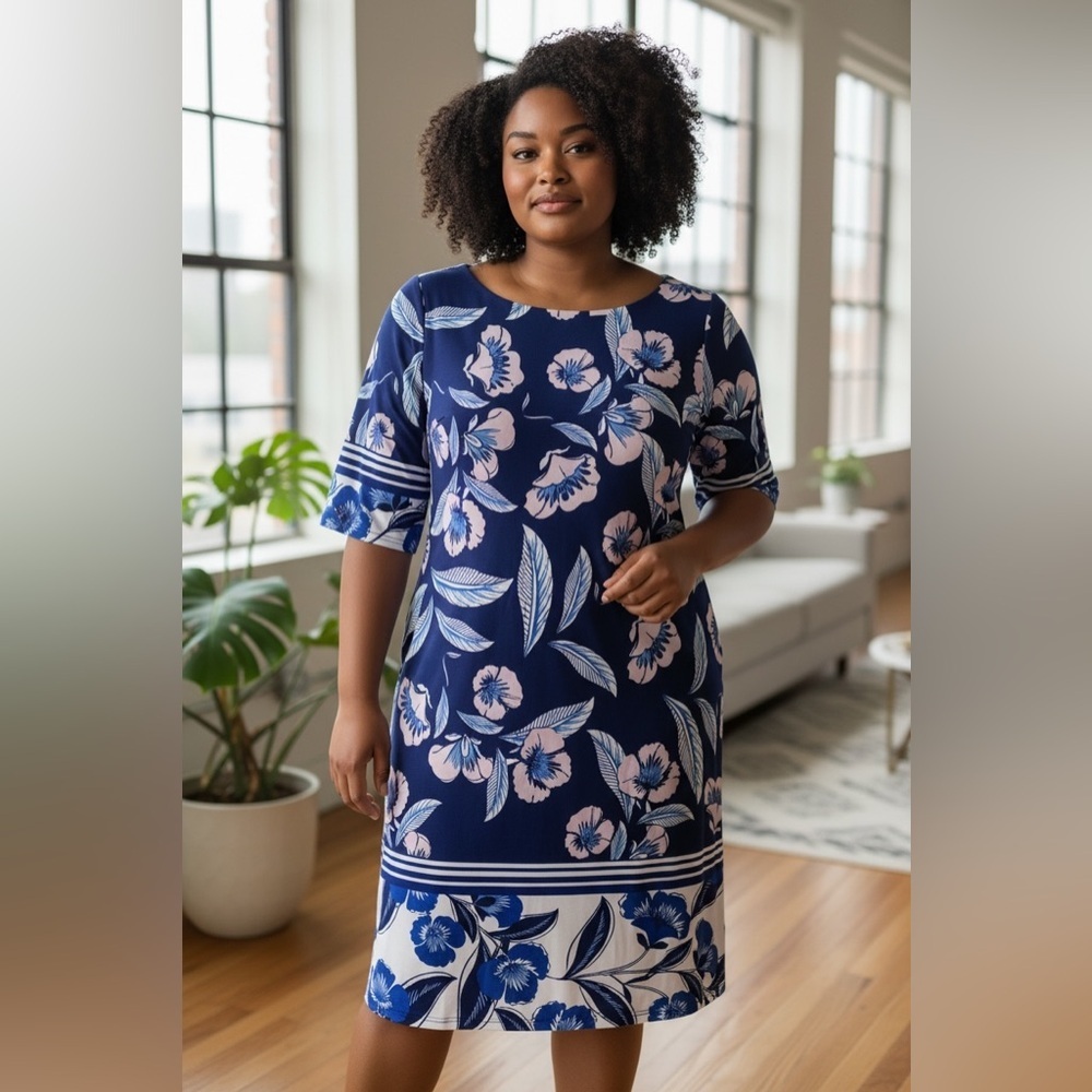 Eliza J Blue Floral Shift Dress Border Print Short Sleeve Career Dress Size 14